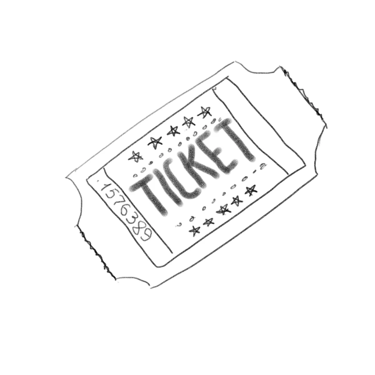 A hand-drawn, black-and-white sketch of a torn paper ticket with the word 'TICKET' in bold, smudged letters. The ticket has…