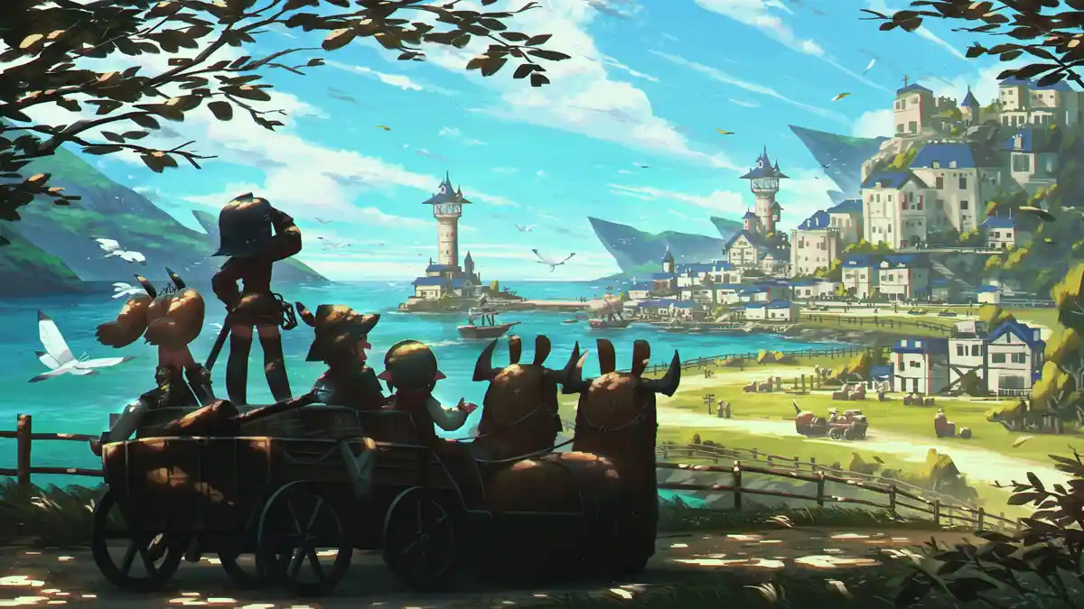 A fantasy art scene shows three adventurers in a cart pulled by two horned, bovine creatures, overlooking a coastal town…