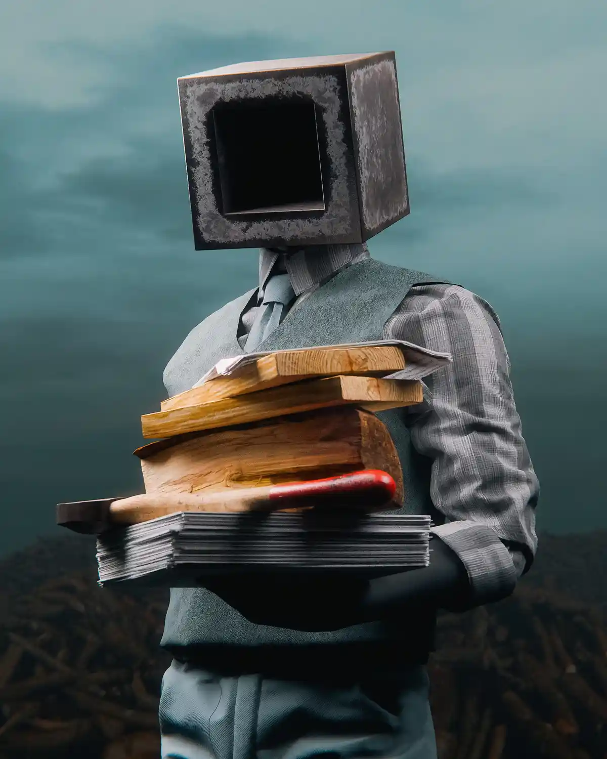 A person wearing a grey business shirt, vest, and tie has a large, weathered, old-style computer monitor for a head. They…