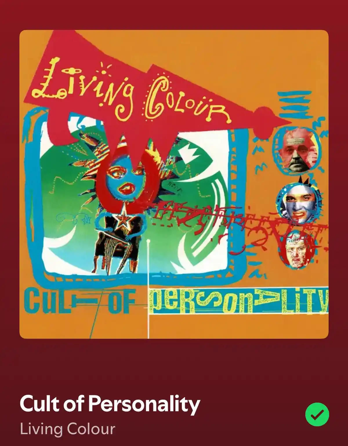 The image displays the album cover for 'Cult of Personality' by the band Living Colour, featuring a stylized blue face with…