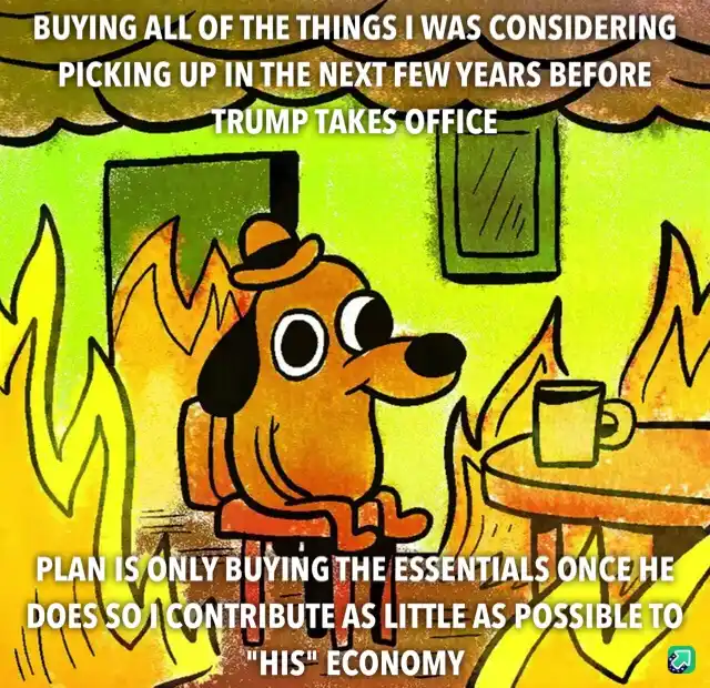 A cartoon dog wearing a hat sits calmly in a room engulfed in flames, holding a mug, with text overlaid that reads: 'BUYING…