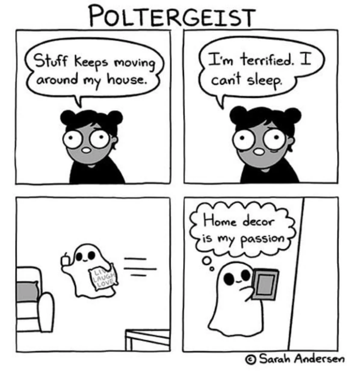 A four-panel black-and-white comic titled 'POLTERGEIST' shows a person reporting moving objects and sleeplessness, followed…