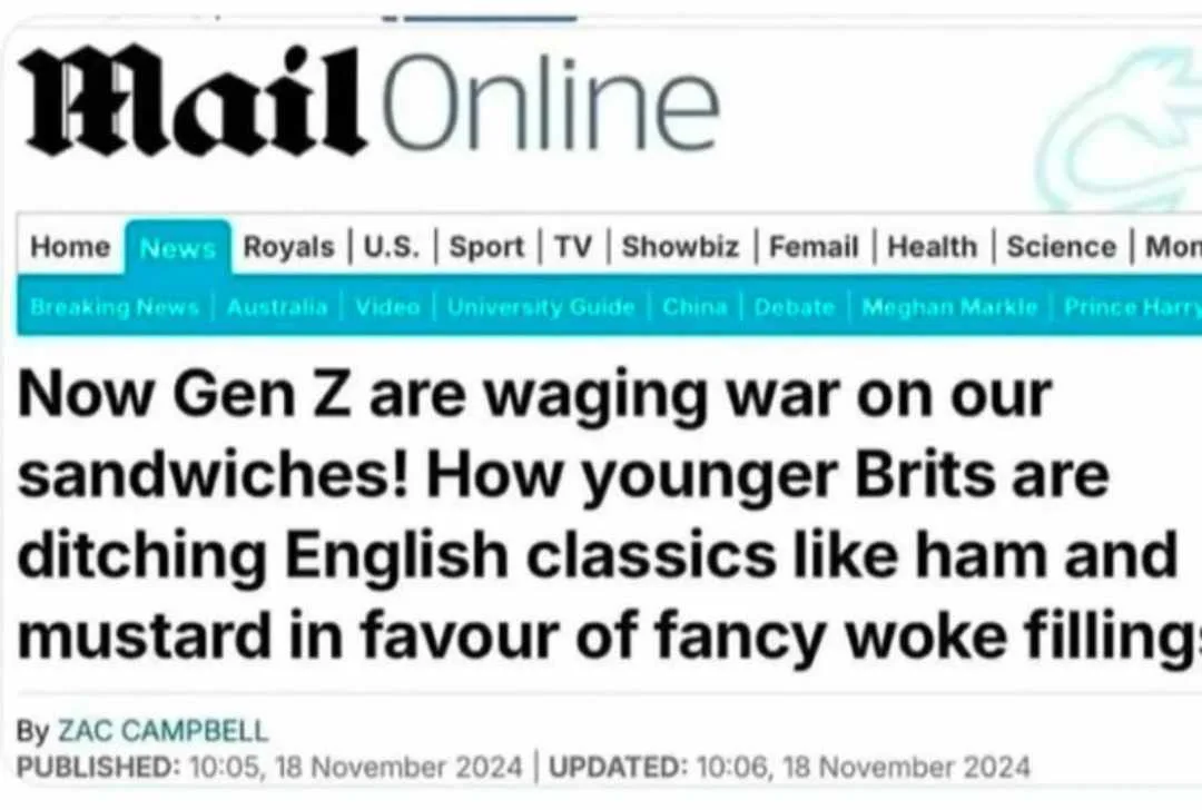 A screenshot of a Mail Online news article headline that reads 'Now Gen Z are waging war on our sandwiches! How younger…