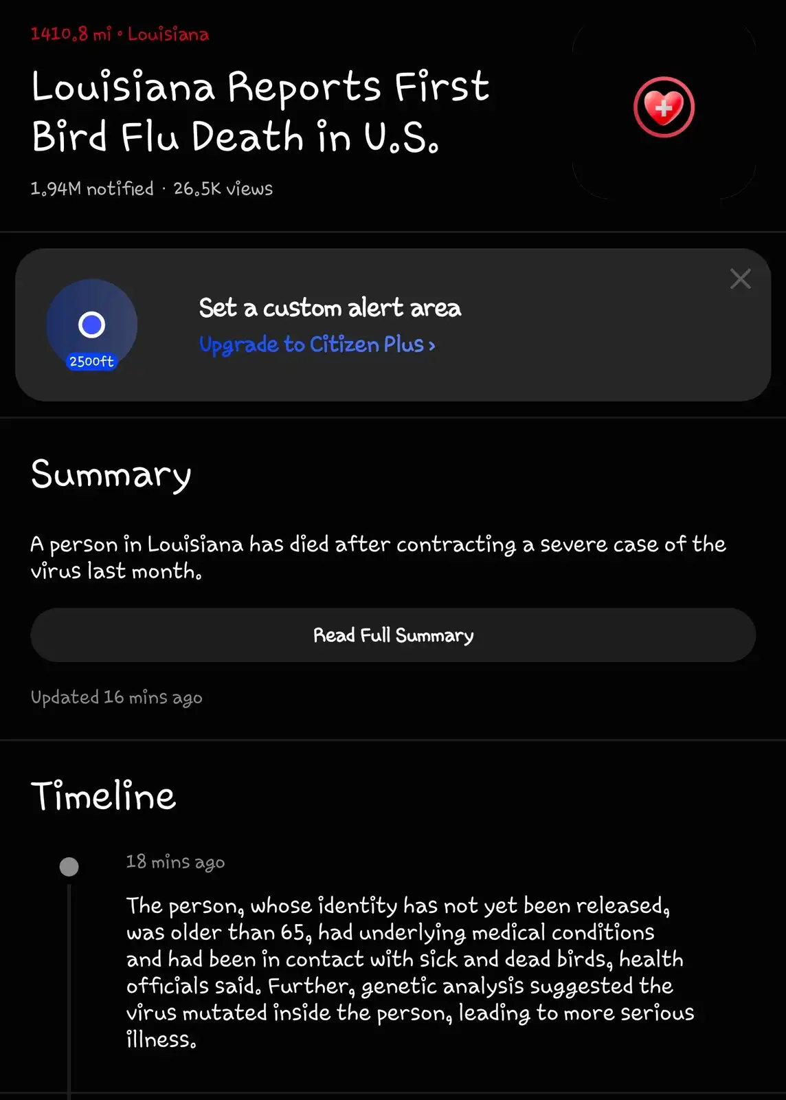 A screenshot of a Citizen app alert showing a headline about Louisiana reporting its first bird flu death in the U.S., with…