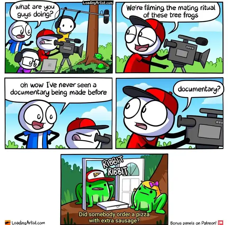 A four-panel comic strip featuring cartoon characters filming tree frogs. One character asks what they're doing, and they…