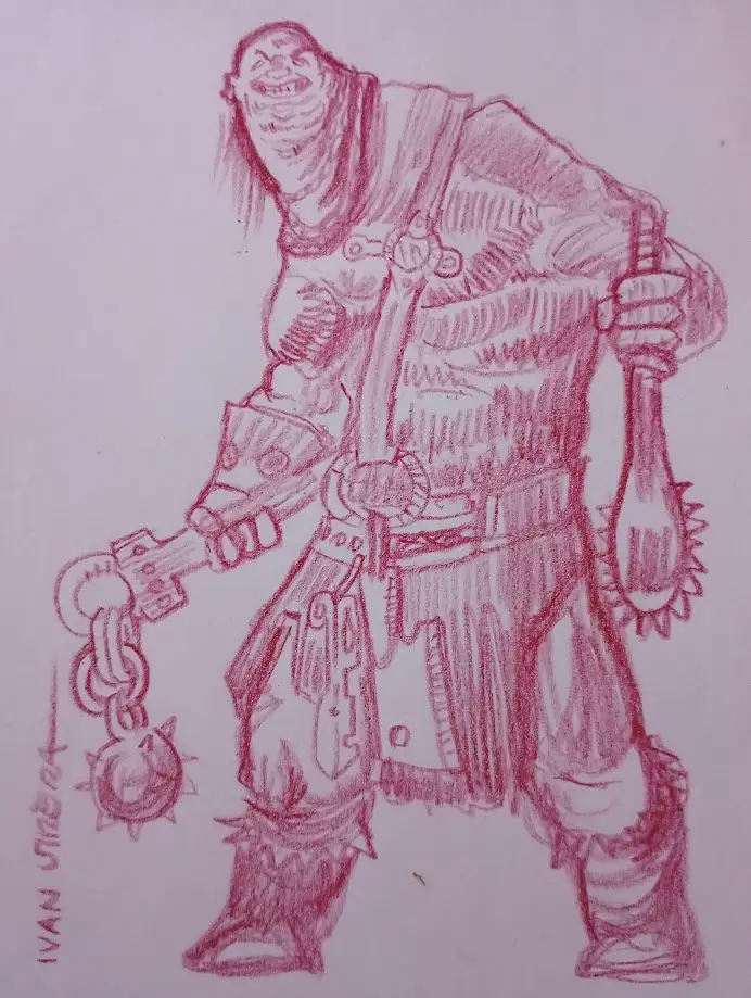 A red ink sketch of a muscular, grinning orc-like warrior in armor, holding a spiked mace and a spiked chain weapon. The…