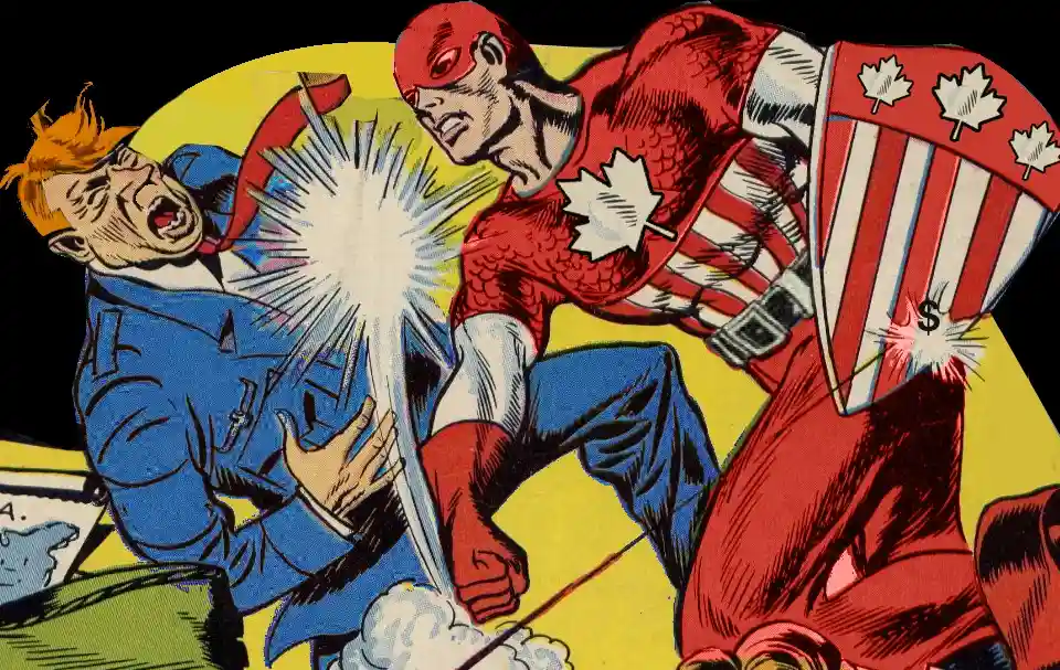 A vintage comic book panel shows a red-suited superhero with a maple leaf emblem and a shield featuring maple leaves and…