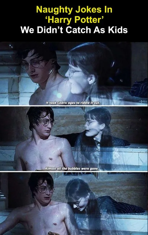 A three-panel meme featuring Harry Potter and Hermione Granger in a bathtub scene from the Harry Potter movies. In each…