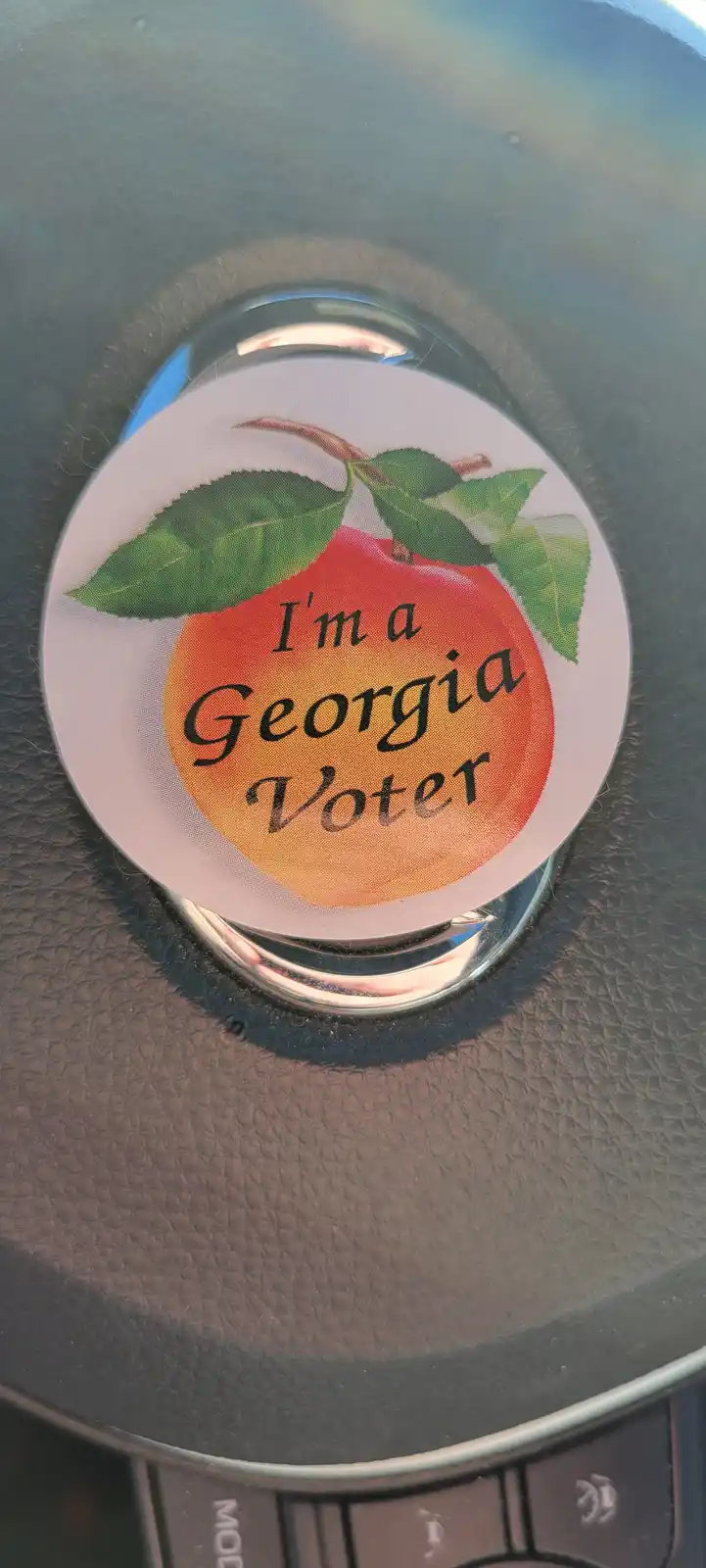 A circular sticker featuring a peach with green leaves and the text 'I'm a Georgia Voter' is affixed to a car's rearview…