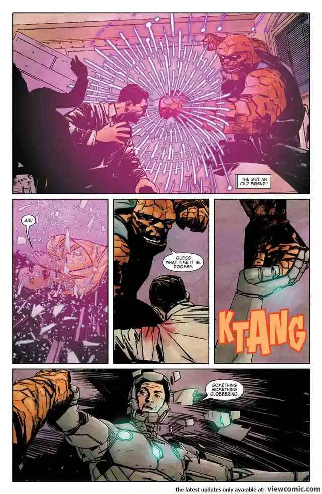 A comic panel sequence shows the Thing punching a man, then smashing a glass pane, then punching a robot. The text reads 'HE…