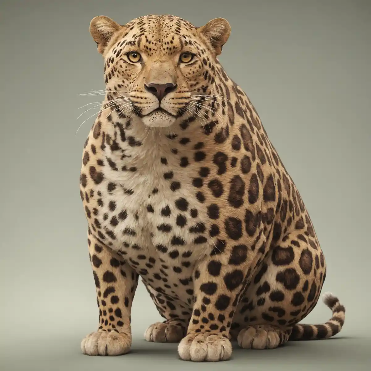 A large, heavily overweight leopard sits upright against a plain gray background, looking directly at the camera with a…