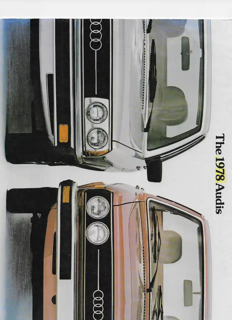 The image displays two identical front-facing views of a 1978 Audi car, one in white and one in orange, arranged vertically…