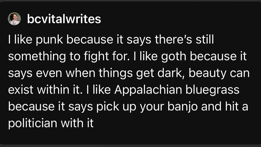 A screenshot of a social media post by 'bcvitalwrites' with white text on a black background. The post reads: 'I like punk…