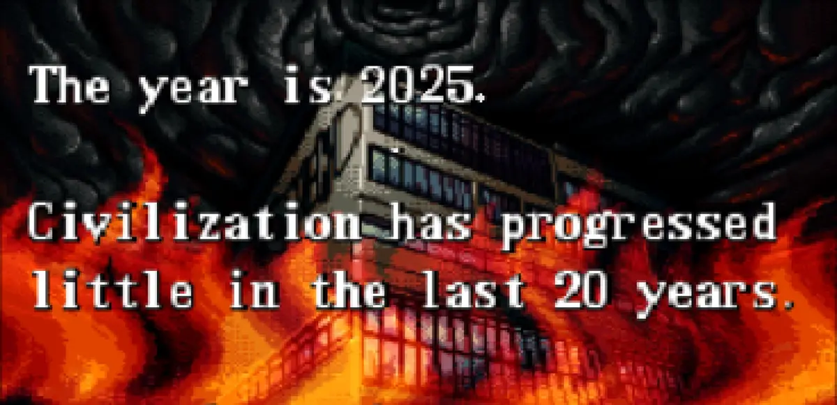 A pixelated image shows a building engulfed in flames, with dark, swirling clouds above. White pixelated text overlaid…