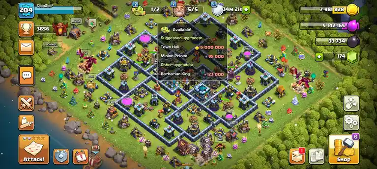 A screenshot of a Clash of Clans base with a pop-up window showing upgrade costs for Town Hall, Minion Prince, and Barbarian…