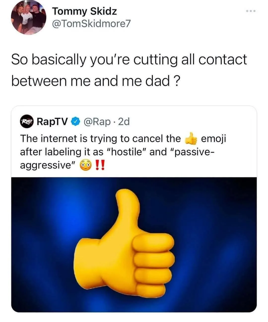 A screenshot of a Twitter thread where user Tommy Skidz asks if cutting contact with his dad is the same as canceling the…