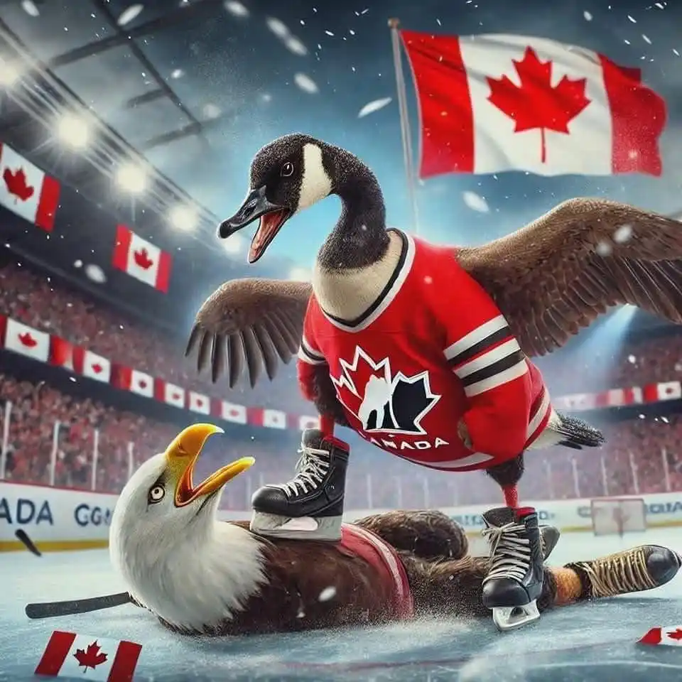 A digitally rendered Canadian goose wearing a red hockey jersey with a maple leaf logo and 'CANADA' text stands triumphantly…