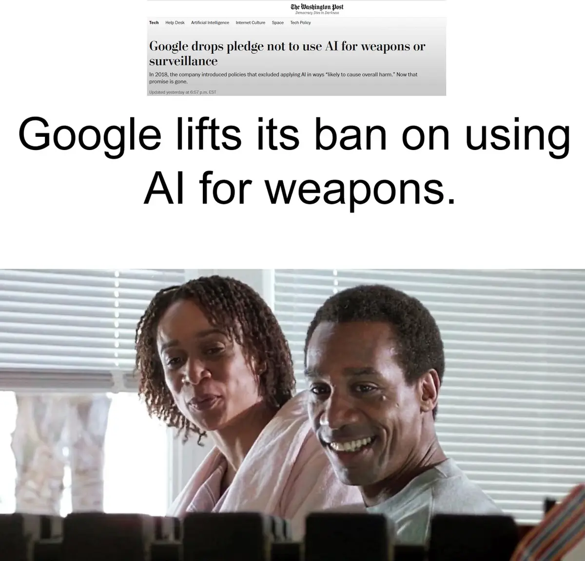 The image shows a screenshot of a Washington Post article about Google dropping its AI ethics pledge, overlaid with large…
