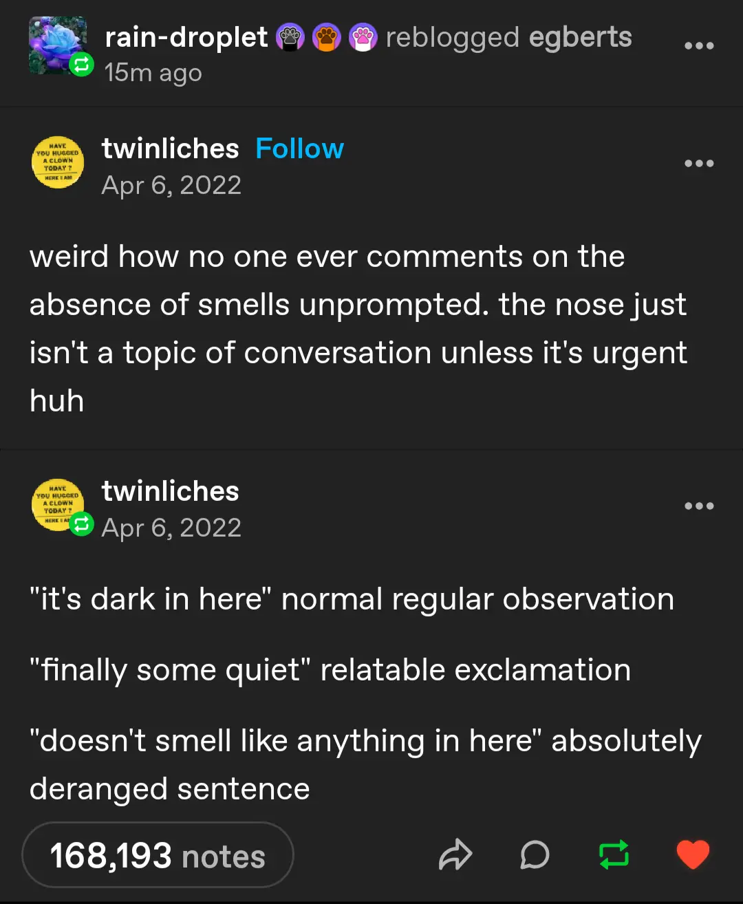 A screenshot of a Tumblr post by user 'twinliches' from April 6, 2022, showing a comment that reads 'weird how no one ever…