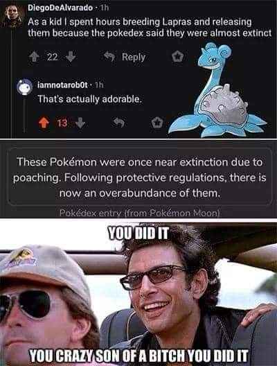 The image shows a screenshot of a Reddit thread where a user recounts spending hours breeding Lapras in Pokémon games…
