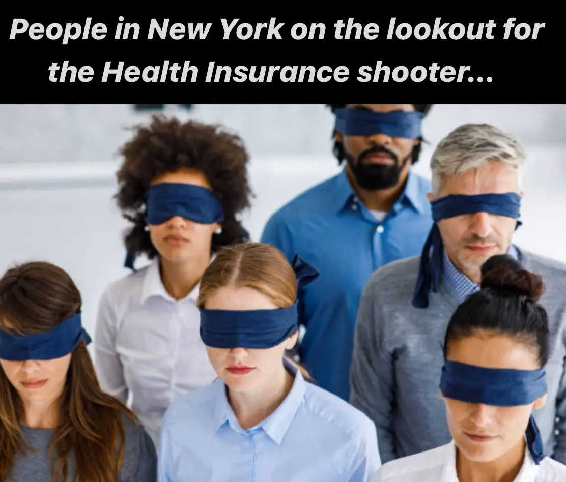 A group of diverse people, all wearing blue blindfolds, stand in a line looking downward. The overlaid text reads: 'People…