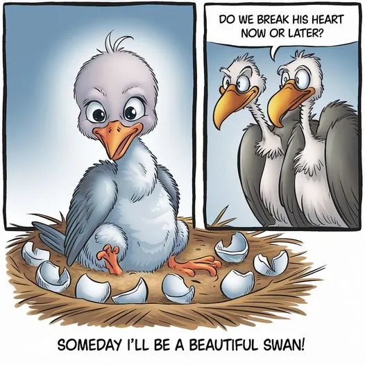 A cartoon baby bird sits in a nest surrounded by broken eggshells, confidently declaring 'SOMEDAY I'LL BE A BEAUTIFUL SWAN!'…