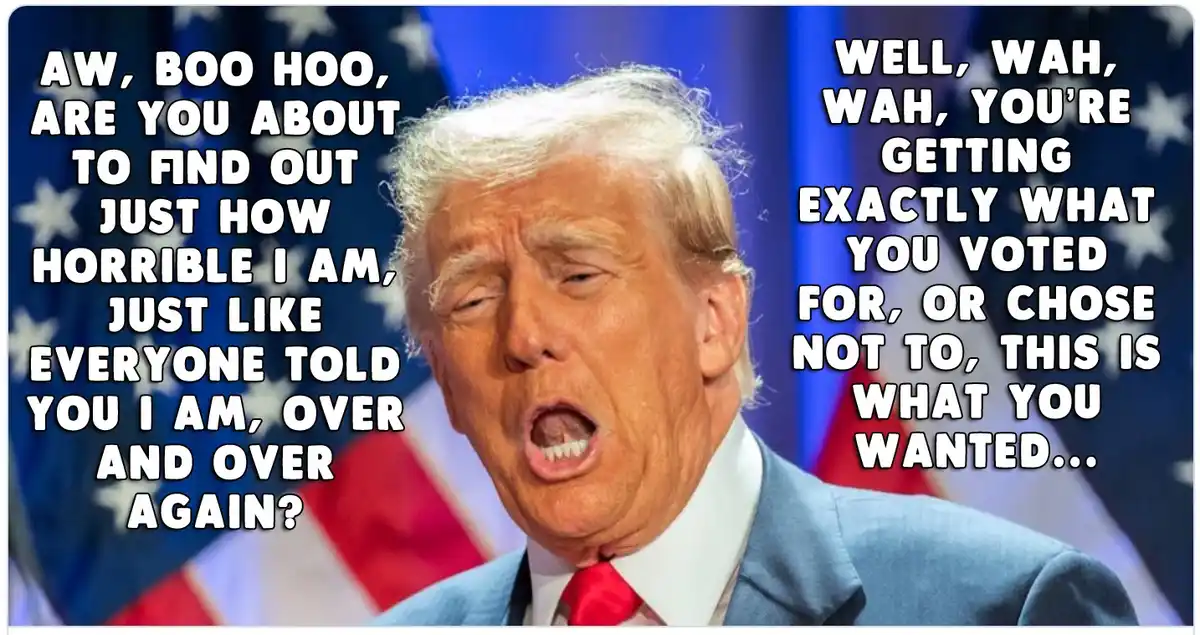 The image shows Donald Trump with his mouth open in an expressive, almost yelling pose, set against a blurred American flag…