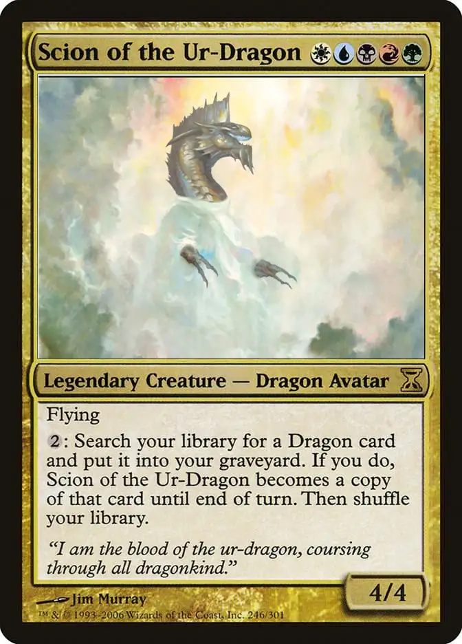 A Magic: The Gathering card titled 'Scion of the Ur-Dragon' depicts a majestic, armored dragon emerging from clouds. The…