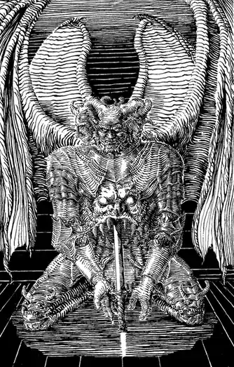 A black-and-white line art illustration depicts a grotesque, horned, bearded demonic figure seated on a throne, holding a…