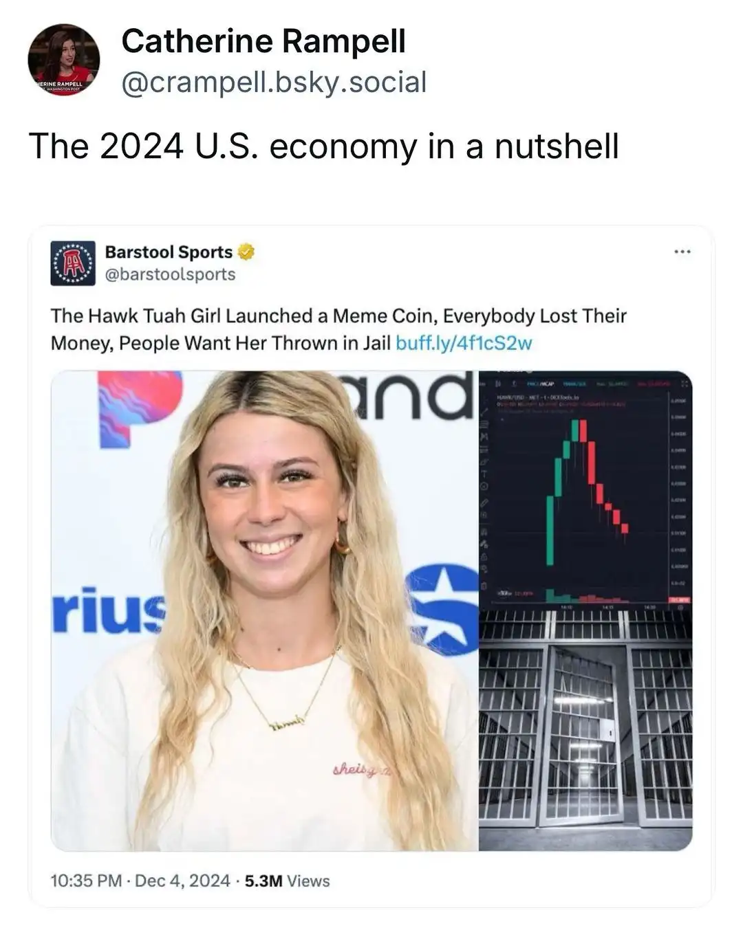 A screenshot of a social media post by Barstool Sports shows a split image: on the left, a smiling blonde woman in a white…