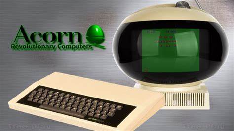 An image of an old beige Acorn computer with a rounded monitor and keyboard, displaying green text on screen. The logo…