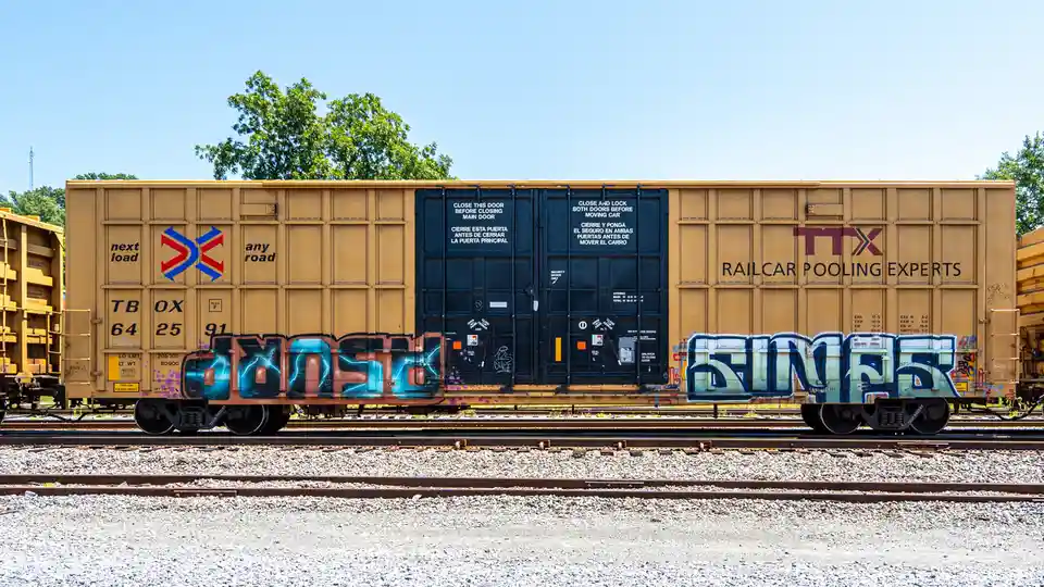 A tan freight train car with black doors and safety instructions in English and Spanish, featuring large graffiti tags…