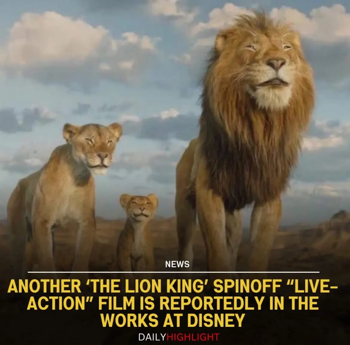 The image shows three CGI-rendered lions — a large male lion, a female lion, and a small cub — standing in a savanna under a…