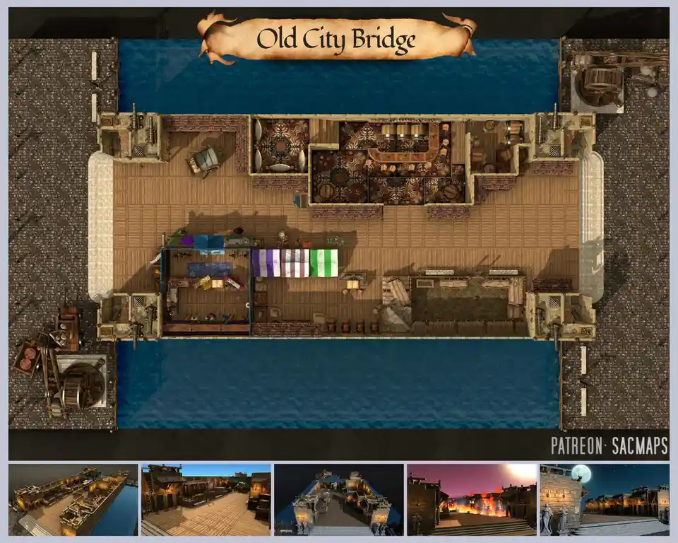 An overhead view of a detailed fantasy bridge map labeled 'Old City Bridge' with wooden planks, brick walls, barrels…