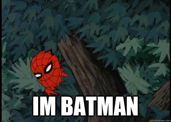 A cartoon Spider-Man is peeking from behind a tree in a forest, with large white bold text overlaid at the bottom reading…