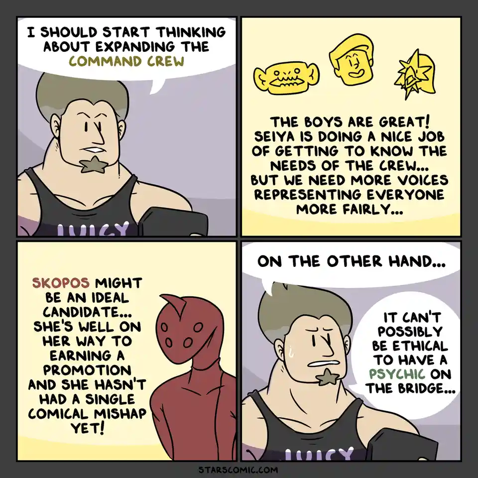 A four-panel comic strip shows a muscular man with a star-shaped goatee considering expanding his command crew. He praises…