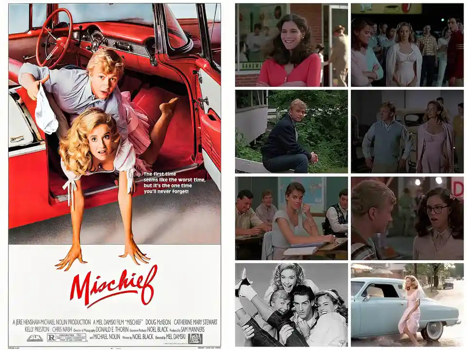 This image is a movie poster for 'Mischief' (1989) featuring a man and woman in a red car with the tagline 'The first time…