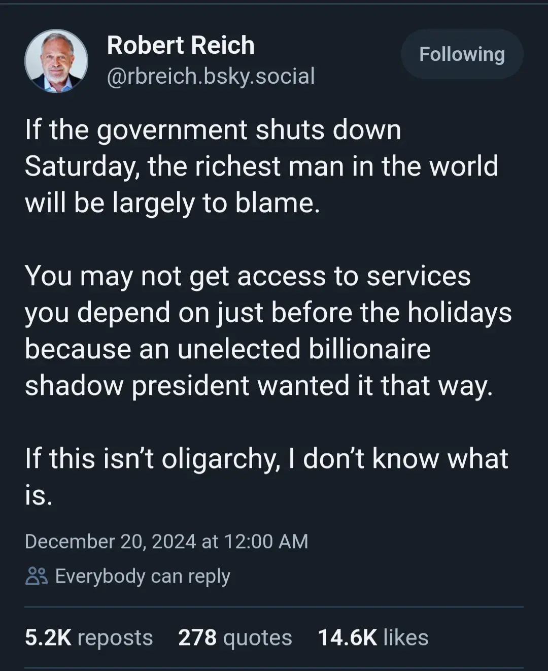 A screenshot of a social media post by Robert Reich, showing his profile picture and handle, with white text on a dark…
