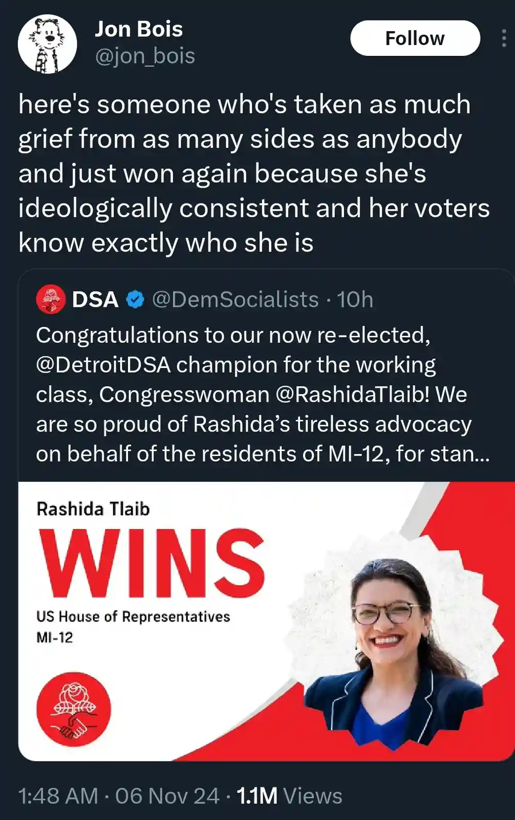 A screenshot of a tweet by Jon Bois showing a DSA tweet celebrating Rashida Tlaib's re-election. The DSA tweet includes a…