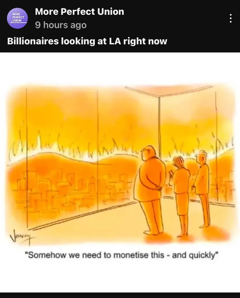 Three stylized figures stand inside a glass-walled room looking out at a cityscape engulfed in orange flames. The overlaid…