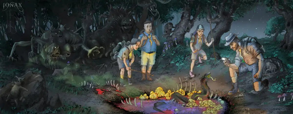 In a dark, eerie forest filled with monstrous creatures, several people in scout uniforms look terrified as they encounter…