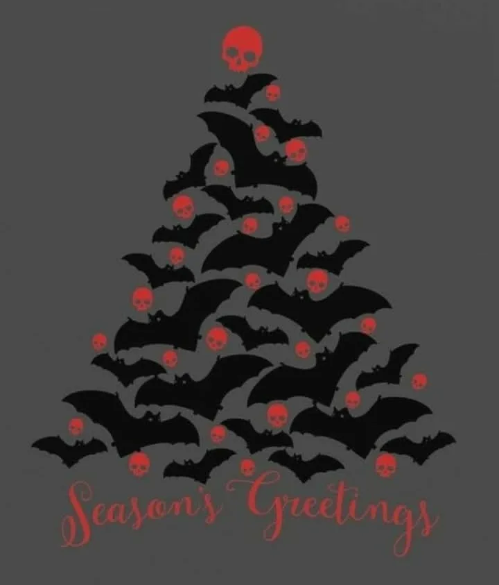 A dark gray background features a Christmas tree shape made of black bat silhouettes, adorned with small red skulls as…