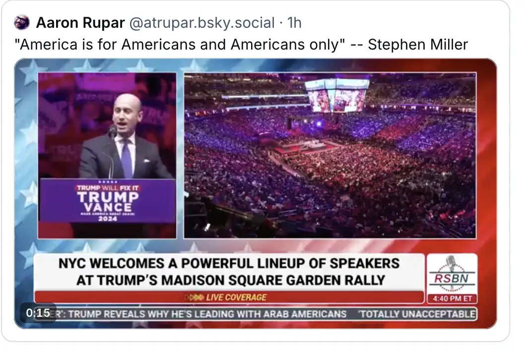 A split-screen news broadcast image shows Stephen Miller speaking at a podium with a 'TRUMP VANCE 2024' sign, while the…