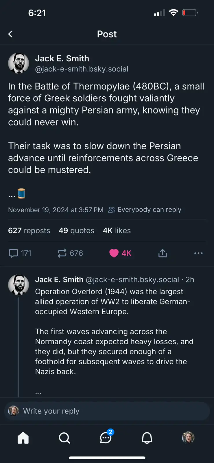 A screenshot of a social media post by Jack E. Smith detailing the Battle of Thermopylae (480BC) where Greek soldiers knew…