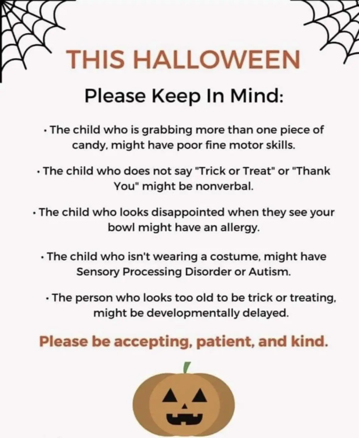 A Halloween-themed infographic with spiderweb corners and a jack-o'-lantern at the bottom. It lists tips for…