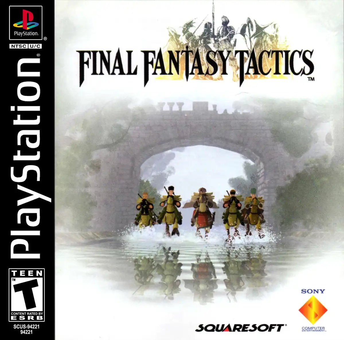 The image is the cover art for the PlayStation game 'Final Fantasy Tactics', showing five armored soldiers running through…