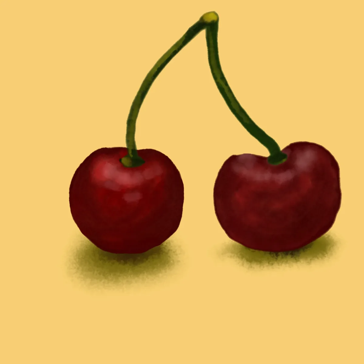 Two glossy red cherries with green stems are set against a solid yellow background, their stems curved upward to form the…
