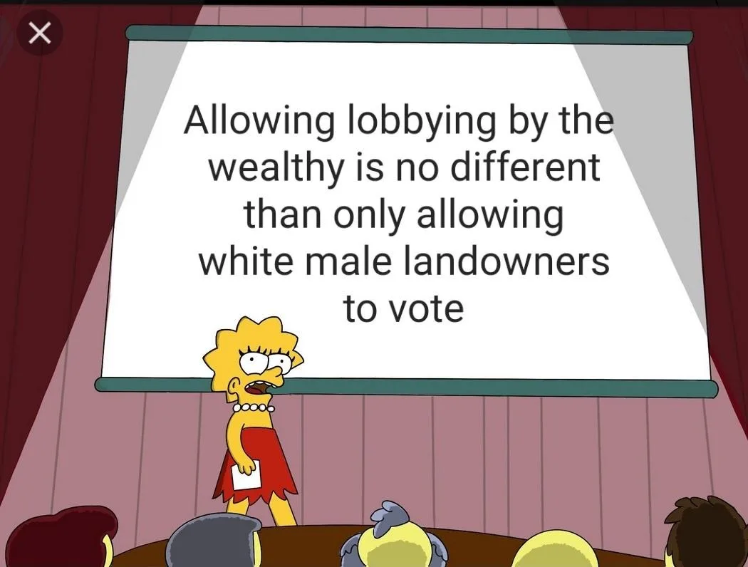 A cartoon image of Lisa Simpson standing at a podium in front of an audience, delivering a speech. Behind her is a large…