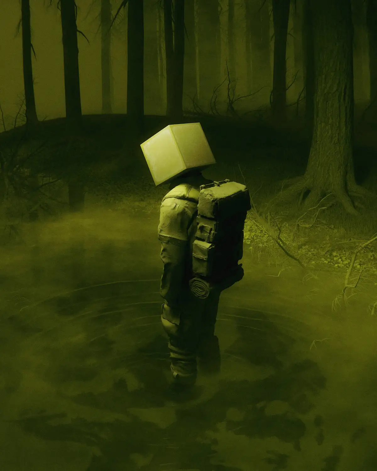 A figure with a glowing cube for a head, wearing a tactical outfit and backpack, stands in murky water within a misty, eerie…