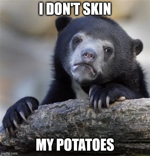 A black bear with a sad, resigned expression rests its paws on a log. White bold text overlaid at the top reads 'I DON'T…